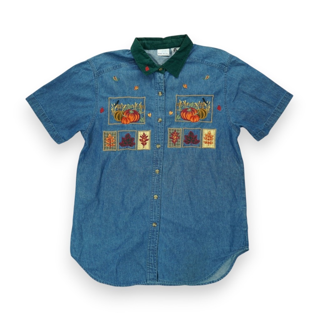 VTG 90s Bobbie Brooks Denim Shirt Womens Large Blue Embroidered Pumpkins